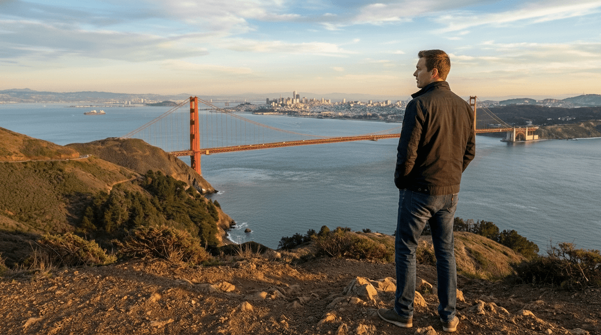 Image of a man standing in front of Golden Gate Bridge